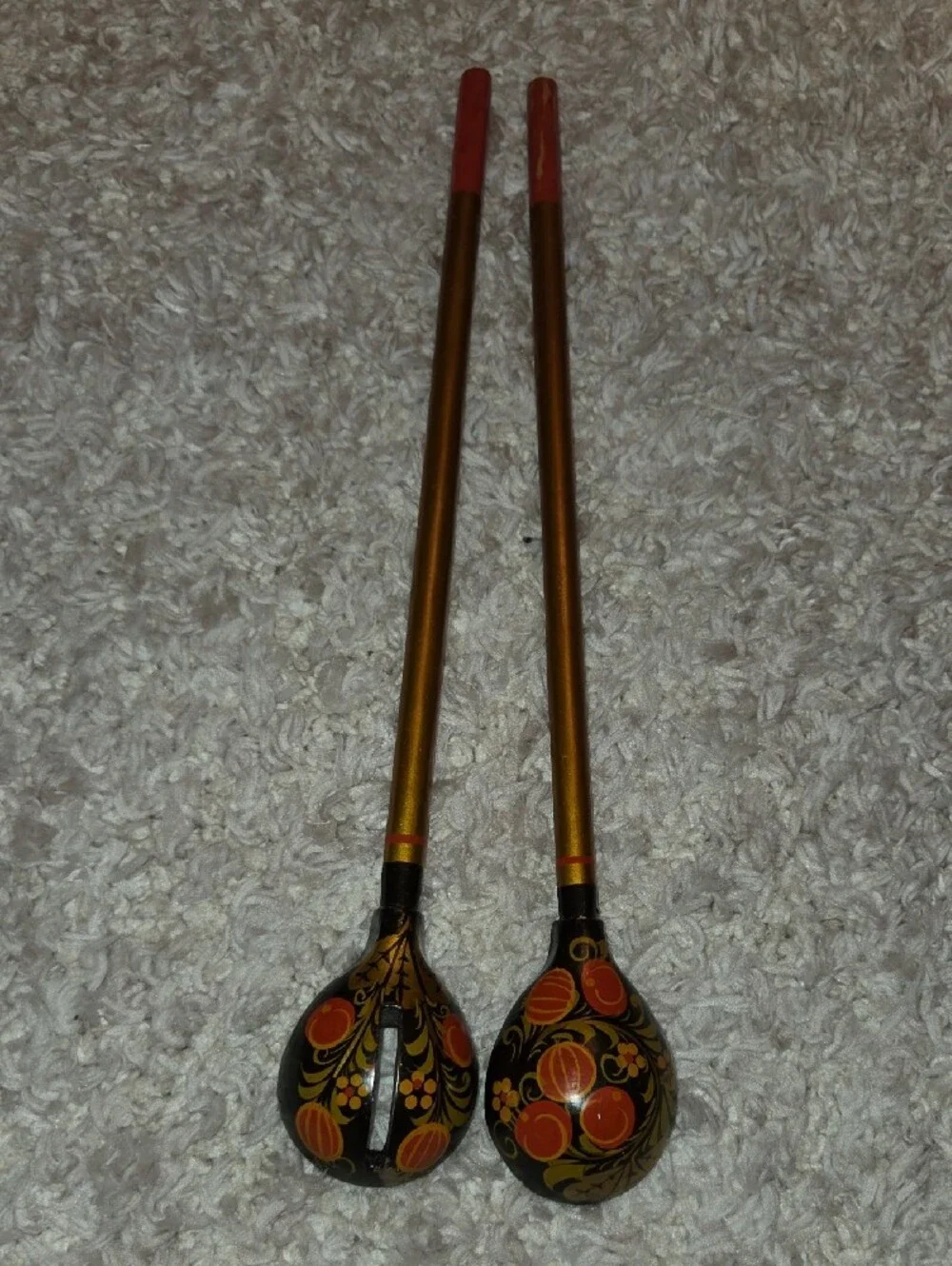 Khokhloma Hand-Painted Black and Gold Decorative Serving Spoons - Floral Design